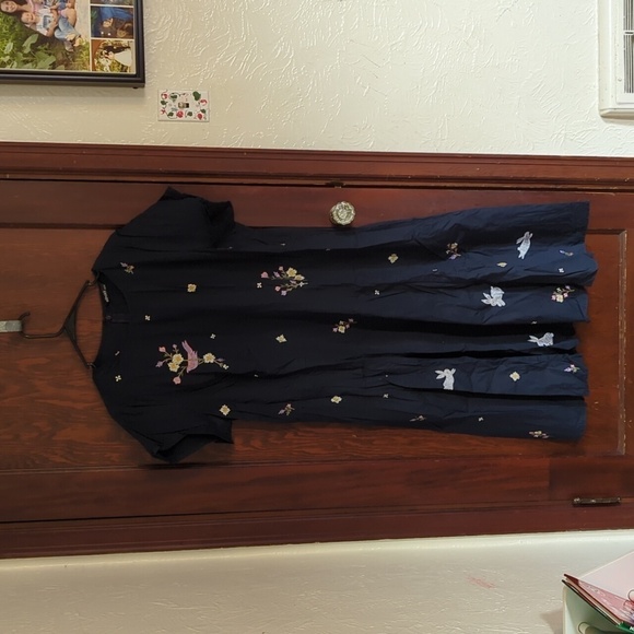 eShakti Navy Blue Short Sleeve Embroidered Dress with Pockets - Picture 1 of 9